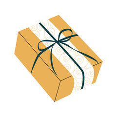 A gold gift box with a green bow and ribbon on a white background. A festive gift box for New Year's, birthdays, and other occasions.