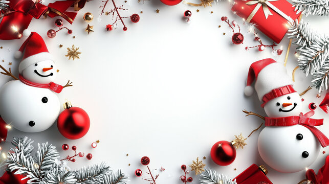 A beautiful Christmas decoration frame made of tree branches, red berries, red and gold ornaments, snow, a snowman, and little stars on a white background with space for text. Top view.