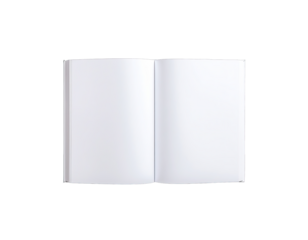 Open blank book with white pages and colorful edge detail on a transparent background studio shot with soft light