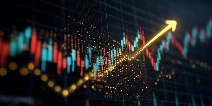 Abstract financial chart with rising arrow and fluctuating data on black background, concept for stock market analysis, investment growth and economic forecasting