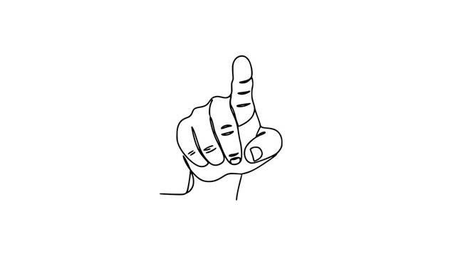 One unbroken line creating a simplistic hand gesture: the index finger pointing forward, direction and focus. (POINTING HAND LINE ART)