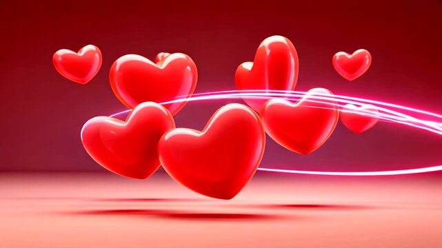 Glossy red hearts float mid-air amid pink energy streams on gradient red background