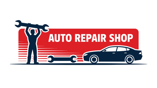 Adobe IllusAuto repair shop logo with mechanic holding wrench and car silhouette in red and blue color scheme, professional automotive service emblem design
trator Artwork