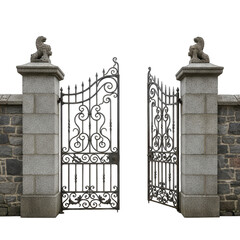 Ornate Black Wrought Iron Gates Flanked by Stone Pillars and Textured Walls on a Transparent Background