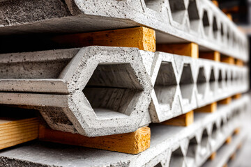 Stack of hollow concrete blocks with wooden spacers for construction use