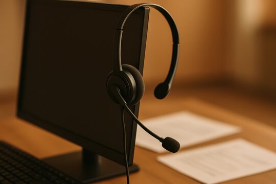 Close-up of a black headset hanging on a computer monitor, symbolizing remote communication and the essential role of technology in modern work environments.