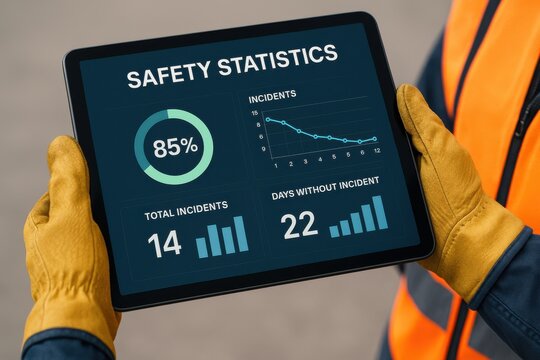 Worker analyzing safety statistics on a tablet, showcasing incident rates and safety performance metrics. Emphasis on workplace safety, data analysis, and risk management.
