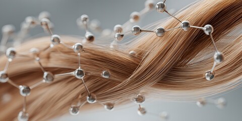 Detailed strands of light brown hair with molecular structure overlay, concept for hair care product visualization, scientific research and beauty salon promotions