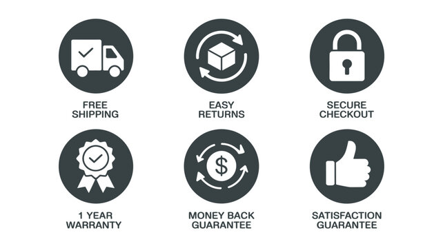 Adobe IllustrE-commerce feature icons set showing free shipping, easy returns, secure checkout, warranty, money back guarantee, and customer satisfaction in minimalist black and white desiator Artwork