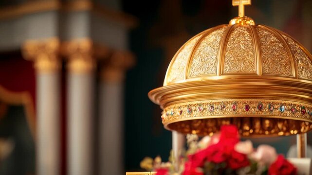 Golden Crown with Ornate Design and Colorful Gemstones Displayed in Religious Setting