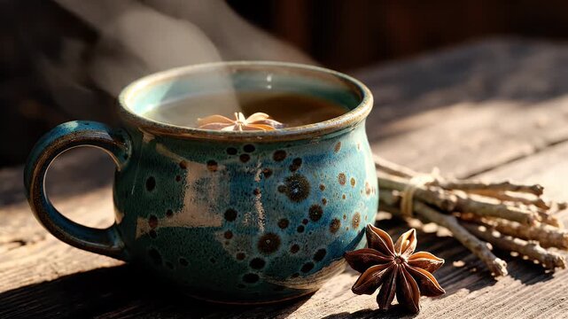 Steaming Teal Ceramic Mug with Star Anise and Twigs on Rustic Wooden Table