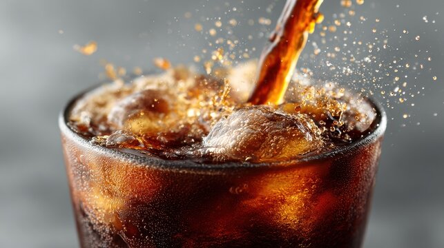 Refreshing iced cola beverage, pouring with vibrant splash and ice cubes