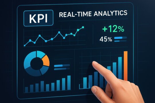 User engaging with a digital KPI dashboard showcasing real-time analytics, reflecting data-driven decision making and performance monitoring in business analytics.