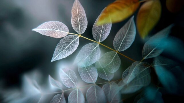 In a serene twilight scene, translucent leaves catch soft light, displaying intricate details. The gentle hues and delicate textures create a calming, oddly satisfying atmosphere, inviting wonder