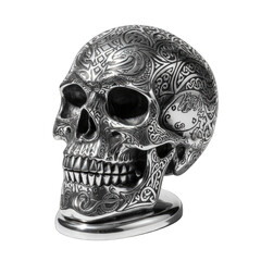 Ornate Silver Skull Sculpture with Intricate Patterns on Black Background Detailed Metal Craftsmanship and Decorative Artistry