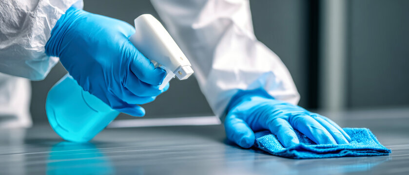 Cleaning process in a laboratory setting with blue gloves and spray bottle