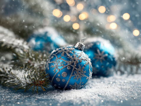 Blue holiday ornaments with sparkling silver snowflake designs resting on snowy fir branches with warm glowing lights in a festive winter scene