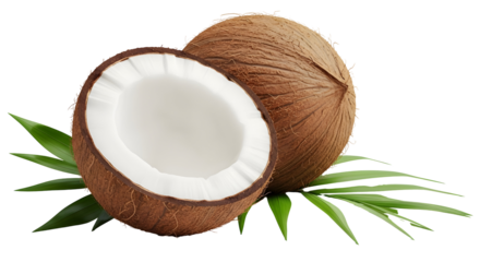 Coconut fruit with green leaves isolated on transparent background, a tropical and refreshing ingredient for desserts