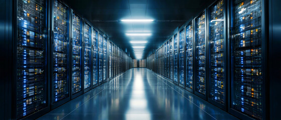 Modern data center featuring rows of servers and efficient lighting in a high-tech environment