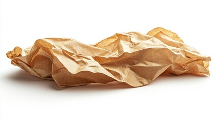 Crumpled brown paper lies on a white background, symbolising the problem of excessive consumption and environmental pollution caused by packaging materials, which is suitable  