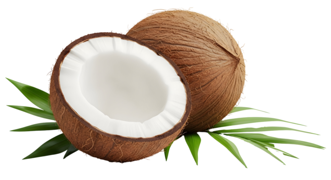Coconut fruit with green leaves isolated on transparent background, a tropical and refreshing ingredient for desserts