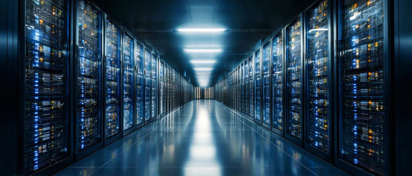 Modern data center featuring rows of servers and efficient lighting in a high-tech environment - Powered by Adobe