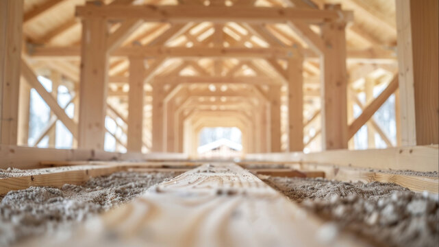 An unfinished wooden structure with a view of a distant construction made of beams and insulation would be an ideal backdrop for advertising construction services or materials.