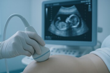 Medical professional performing an ultrasound scan on a pregnant woman, monitoring fetal development. Concept of maternal health, medical technology, and prenatal care.