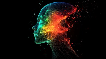 The glowing network of neural connections in the head profile symbolises innovation and creativity, providing a striking backdrop for scientific or futuristic presentations.