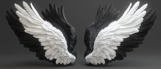 The contrasting black and white wings, symbolising the struggle between light and darkness, create an atmosphere of drama and philosophical reflection — the perfect artistic backdrop  
