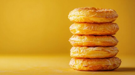 Four appetising doughnuts stacked on a yellow background create a festive and cosy feel that would fit perfectly into the design of a café or patisserie as a background for the menu.