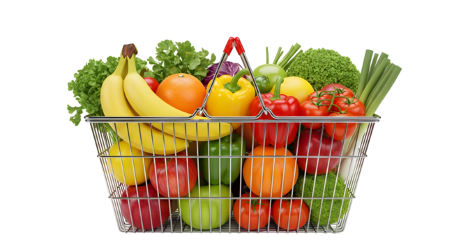 Shopping basket full of fresh vegetables and fruits isolated on transparent background, a healthy and colorful selection