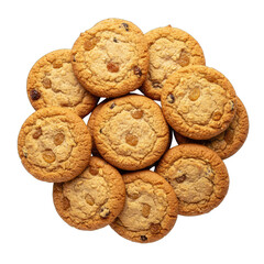Overhead View of Golden Brown Oatmeal Raisin Cookies Arranged in a Loose Pile Isolated on a Transparent Background with Soft Studio Lighting