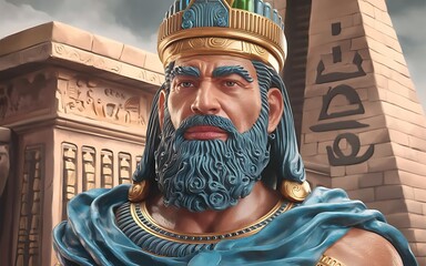 Ancient Sumerian god Enlil depicted as the storm and wind deity of the Anunnaki surrounded by grand Mesopotamian temples intricate carvings and mythic symbols stylized 2D cartoon illustration design