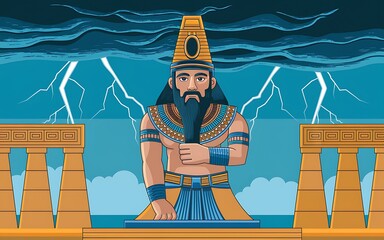 Ancient Sumerian god Enlil depicted as the storm and wind deity of the Anunnaki surrounded by grand Mesopotamian temples intricate carvings and mythic symbols stylized 2D cartoon illustration design