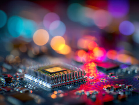 Vibrant close-up of a computer processor chip on a circuit board illuminated by colorful bokeh lights showcasing advanced technology and digital innovation - Powered by Adobe