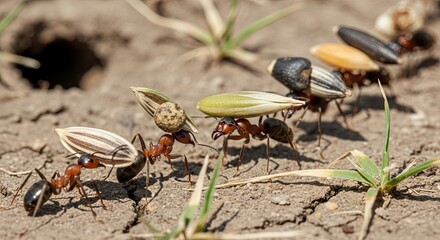Ants carrying sunflower seeds across dry ground in a line, showcasing their industrious nature and teamwork.