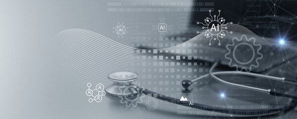 AI tech, artificial intelligence and big data analytics, innovative technology background. Software engineer using computer for data engineering, internet bot, data science.