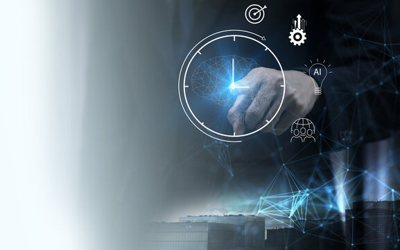 Businessman with AI-powered time management interface, representing productivity, smart scheduling, task automation, goal tracking, and digital workflow optimization.