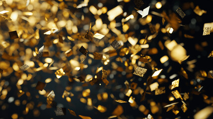 Golden confetti floating and sparkling against dark background with shallow depth
