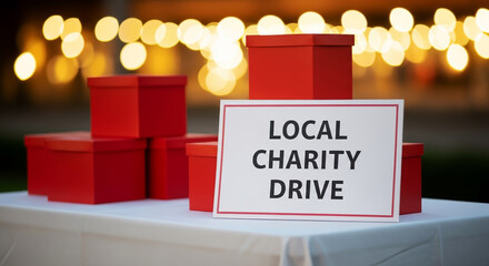 Local charity drive sign next to red donation boxes on table with glowing lights. Local charity drive event is displayed on table in support of fundraising initiatives.