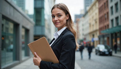 Young  female job candidate poses outdoors near office buildings holding portfolio, ready for employment opportunity. Job candidate smiles confidently, showcasing ambition and professionalism.