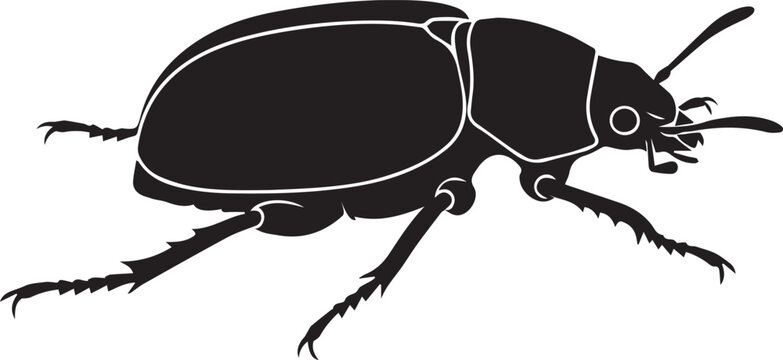 Black silhouette of a detailed dung beetle insect crawling forward isolated on white.