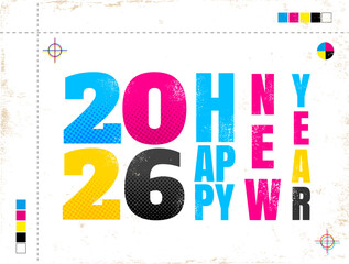 Vector vintage poster with 2026 in CMYK style. Retro poster for new year 2020. Happy new year 2026