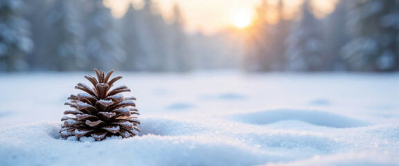 Single pinecone covered with snow in serene winter forest during magical sunset for nature and holiday season concept with copy space