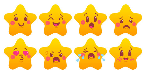 Vector set of star emoji in cute kawaii flat design style. Vector star cartoons in flat style. Different moods.