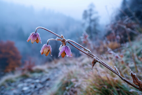Fototapeta Delicate frozen flowers covered in frost on a cold, foggy morning