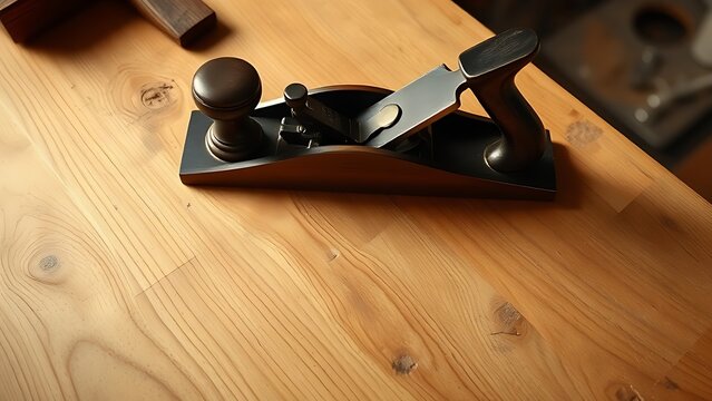 joinery. Woodworking plane on an unfinished oak surface, highlighting rustic craftsmanship and texture. safety posters.