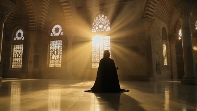 A mysterious person sits in peaceful devotion inside a sunlit mosque, reading a holy book as rays of light stream through ornate windows.	
