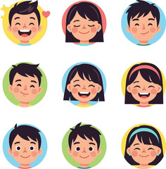 Create a kinds of deferent Smile, relief, joy, boy and girl icon vector art with white background.